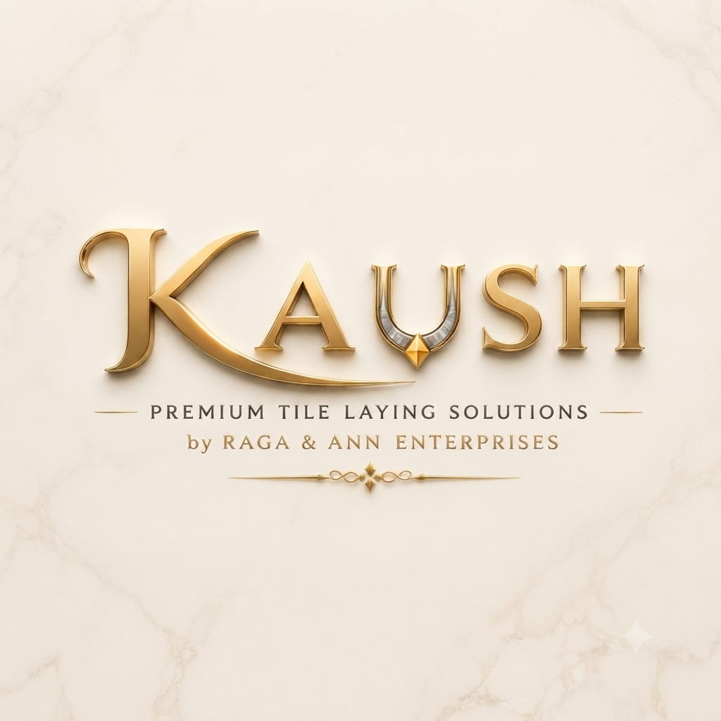 KAUSH Premium Tile Laying Solutions logo by Raga & Ann Enterprises — gold lettering on marble